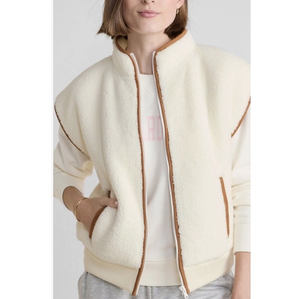 Vineyard Vines Full Zip Cream Plush Vest Brown Trim Wool Ribbed Pockets Sz Small
